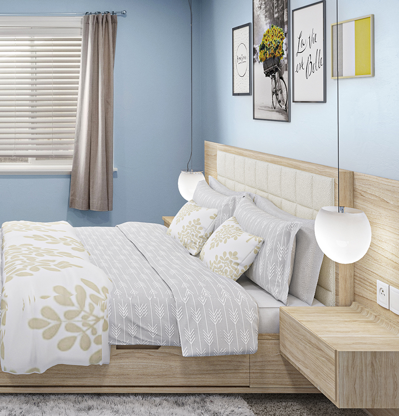 Virtually staged bedroom with natural wood Scandinavian furniture